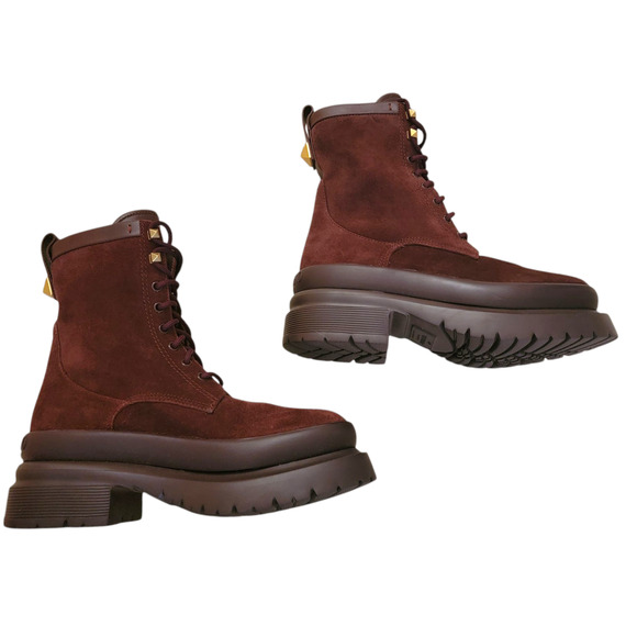 Valentino Garavani Rockstud Suede Platform Combat Boots Burgundy 39 9 - Picture 5 of 14